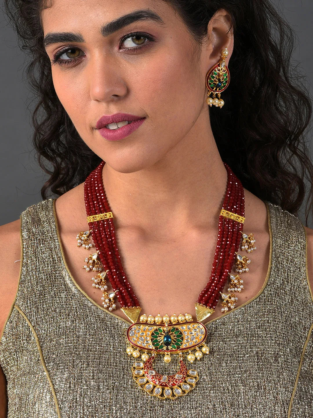 Gold Plated Designer Stone Pearl Necklace and Earrings Set