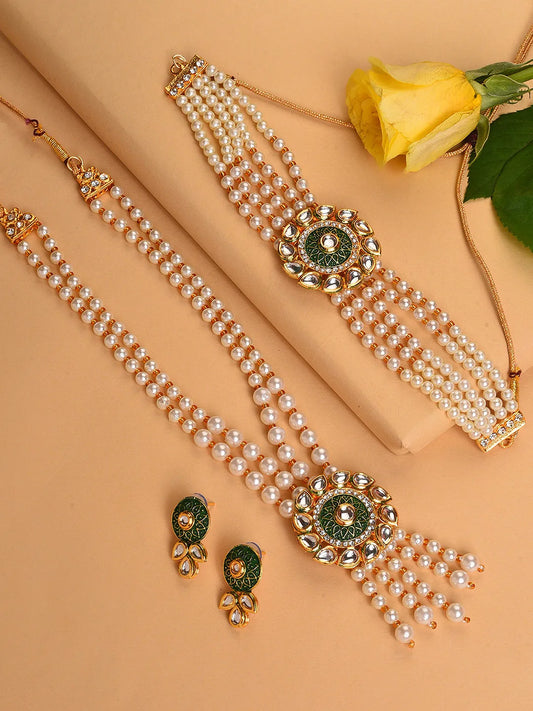 Gold Plated Pearls Necklace, Choker and Earrings