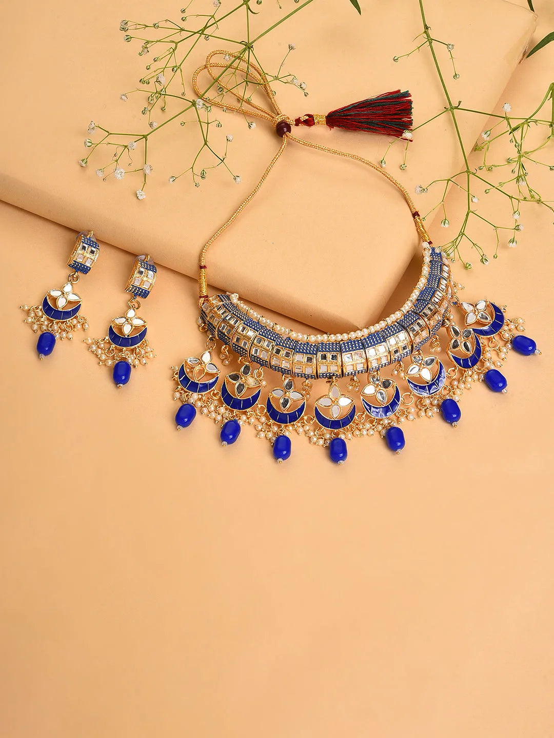 Gold Plated Designer Stone Beaded Necklace and Earrings Set