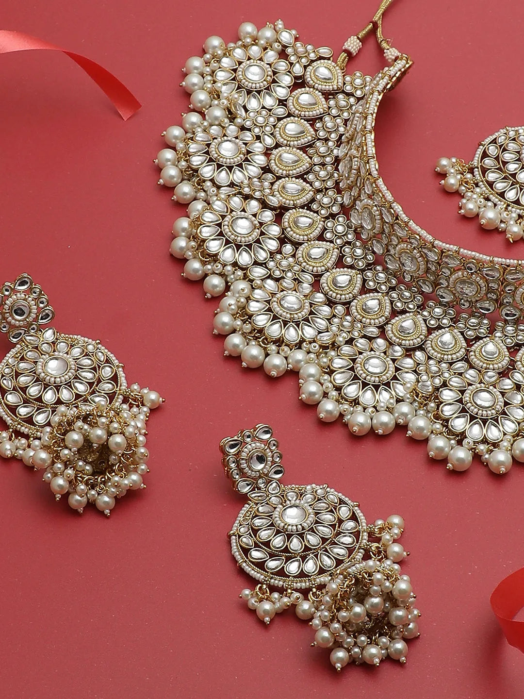 Gold Plated Kundan Necklace, Earrings and Maang Tikka Set