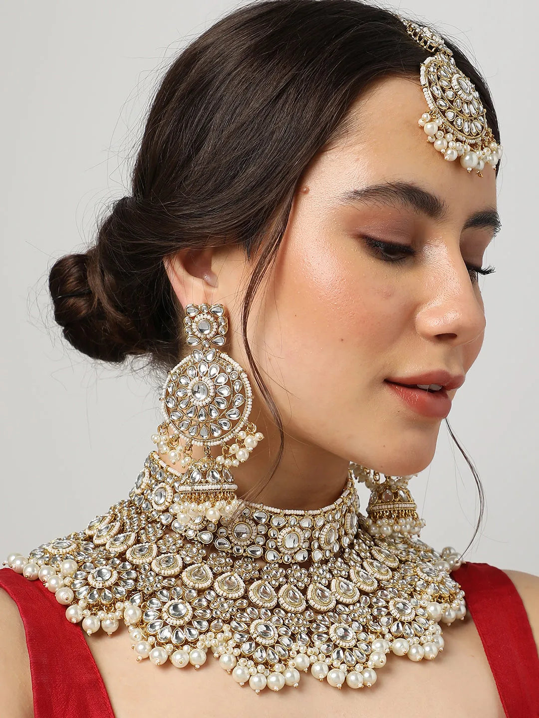 Gold Plated Kundan Necklace, Earrings and Maang Tikka Set