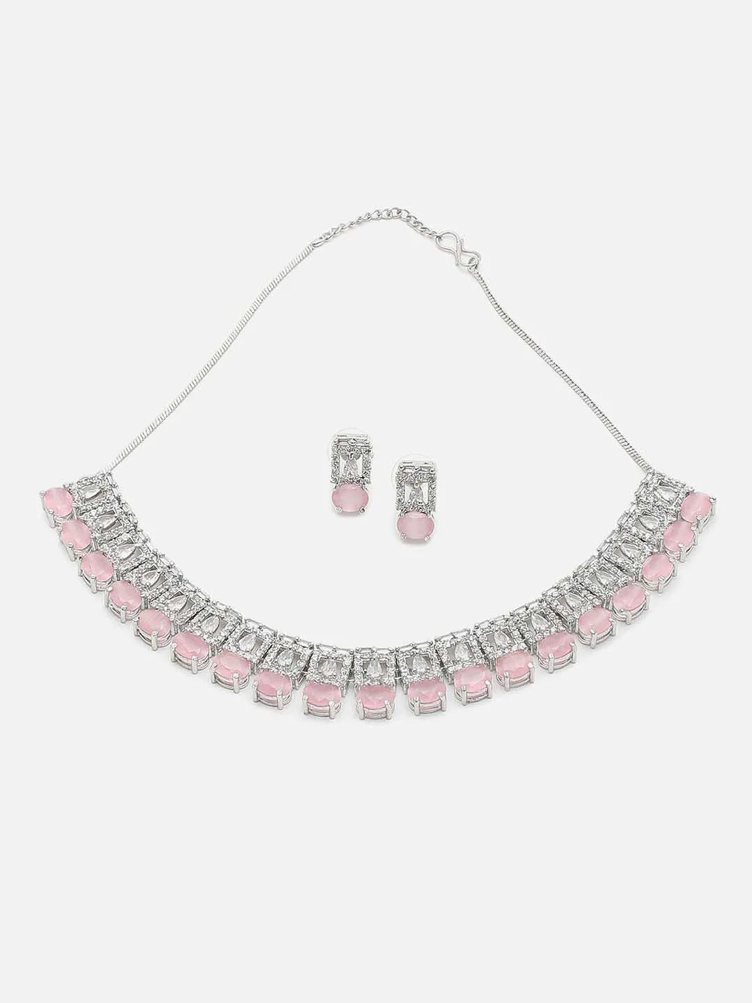 Silver Plated American Diamond and Designer Stone Necklace and Earring Set