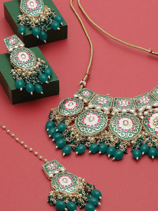 Gold Plated Meenakari Necklace, Earrings and Maang Tikka Set