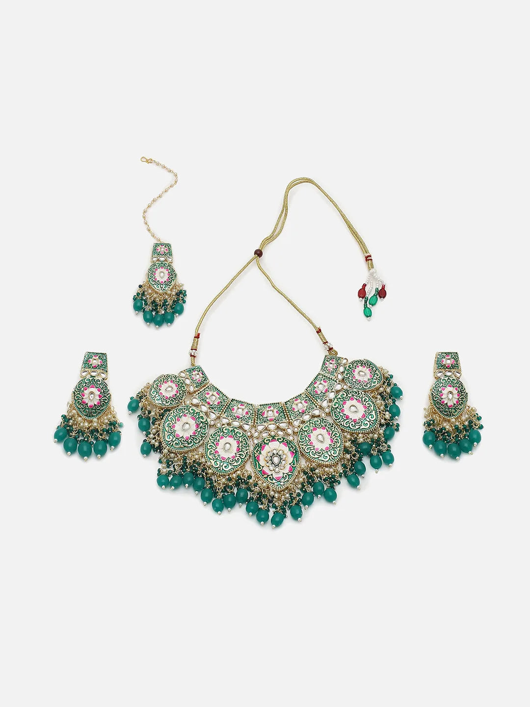 Gold Plated Meenakari Necklace, Earrings and Maang Tikka Set