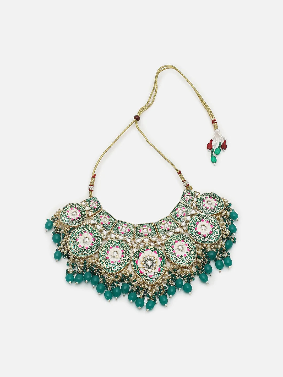 Gold Plated Meenakari Necklace, Earrings and Maang Tikka Set