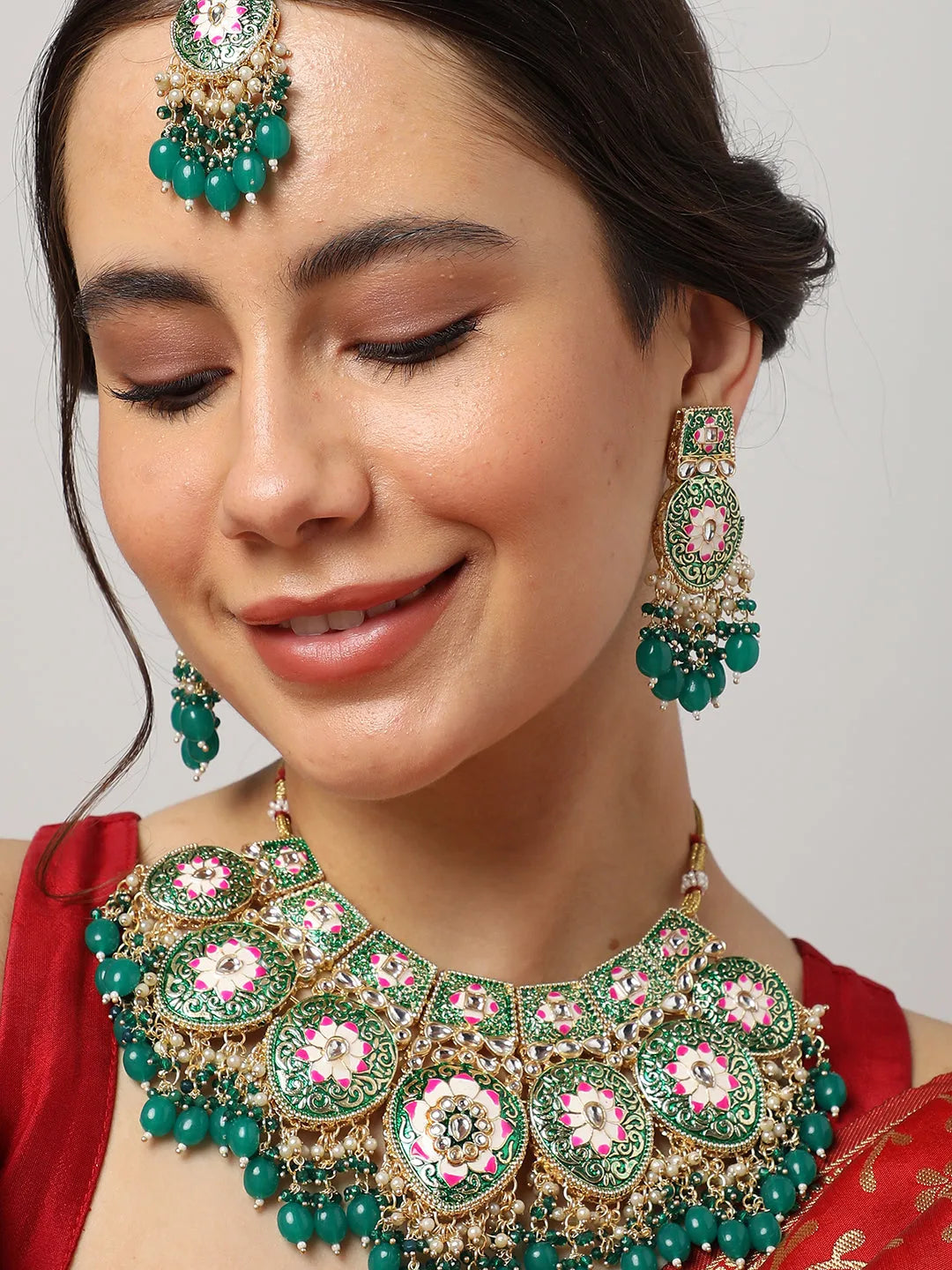 Gold Plated Meenakari Necklace, Earrings and Maang Tikka Set