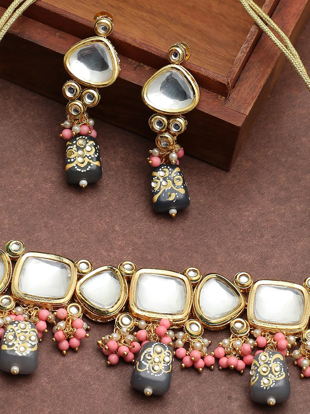 Gold Plated Kundan Beads Necklace and Earring Set