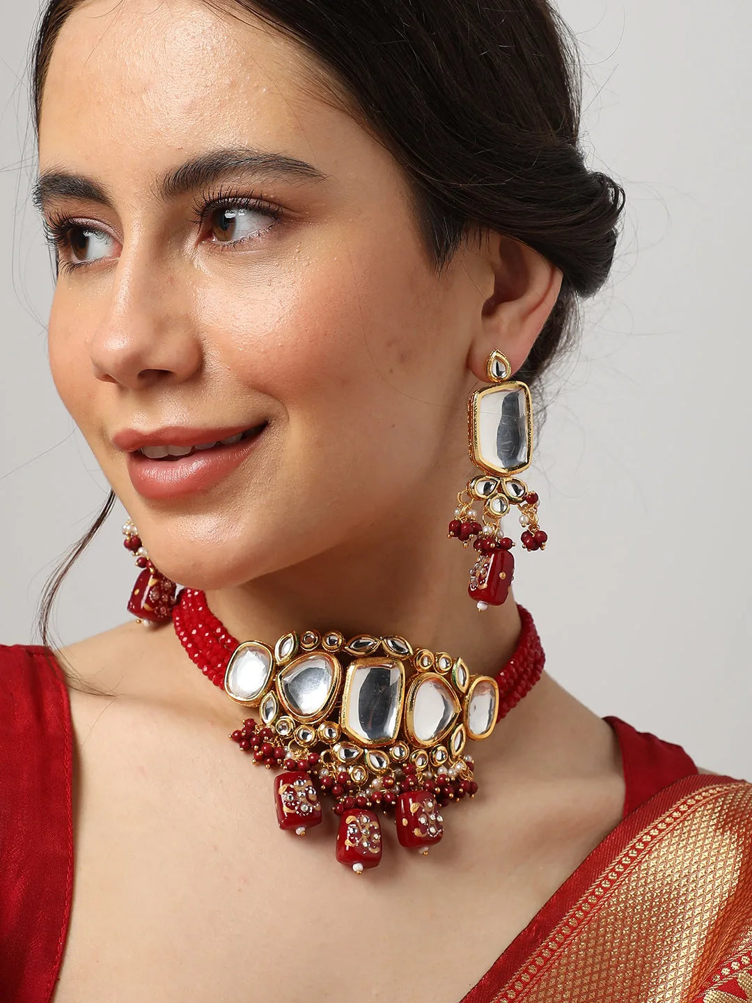 Gold Plated Kundan Beads Necklace and Earring Set