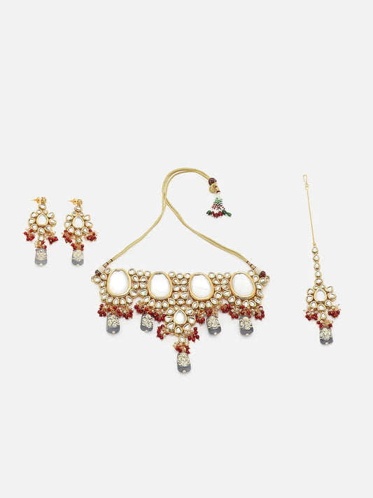 Gold Plated Designer Stone Party Necklace, Earrings and Maang Tikka Set