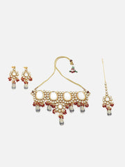 Gold Plated Designer Stone Party Necklace, Earrings and Maang Tikka Set