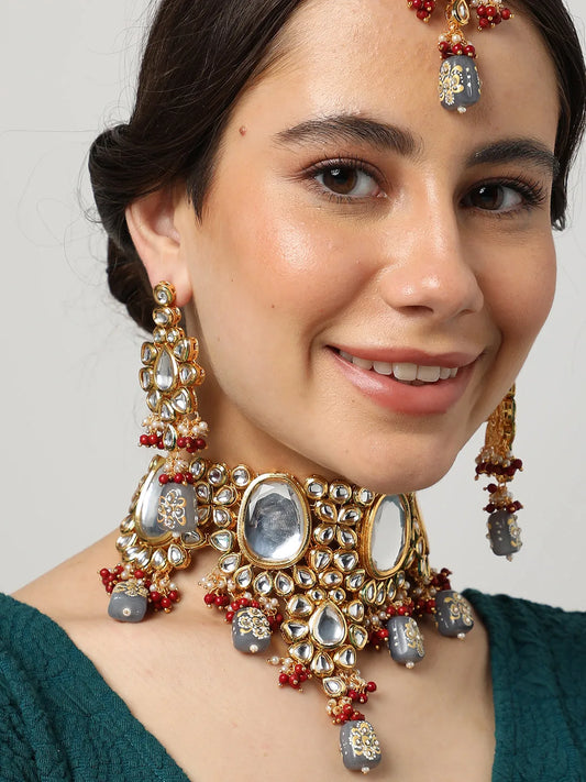 Gold Plated Designer Stone Party Necklace, Earrings and Maang Tikka Set