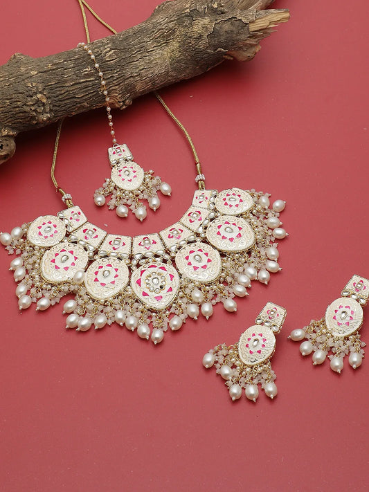 Gold Plated Meenakari Necklace, Earrings and Maang Tikka Set