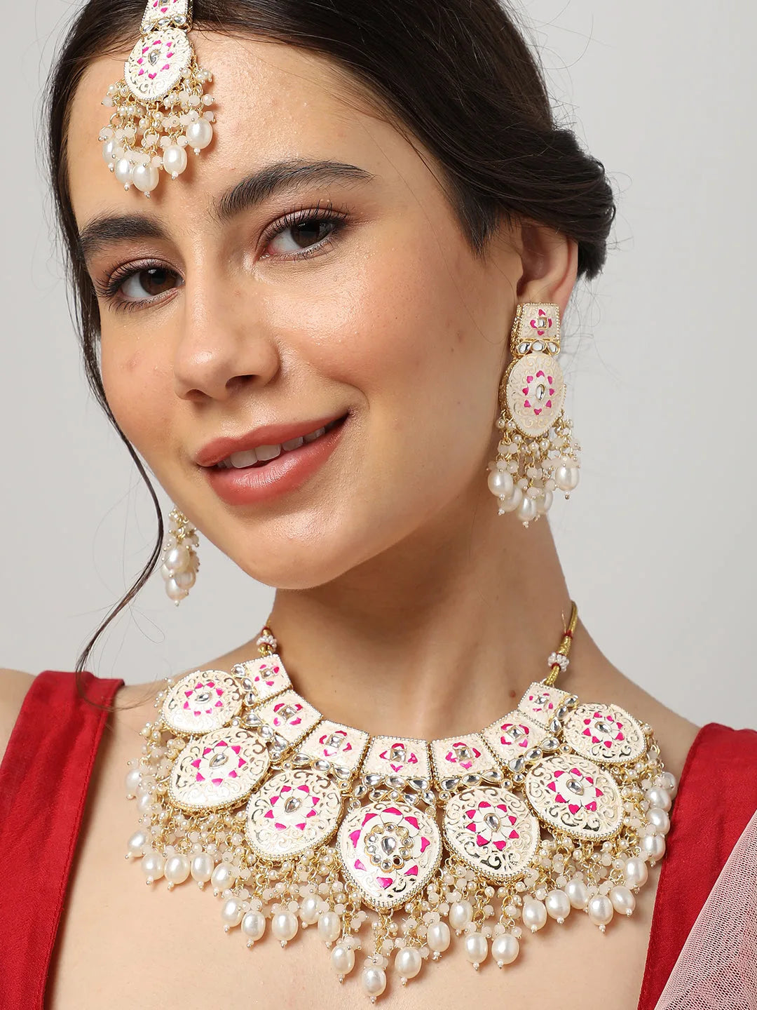 Gold Plated Meenakari Necklace, Earrings and Maang Tikka Set