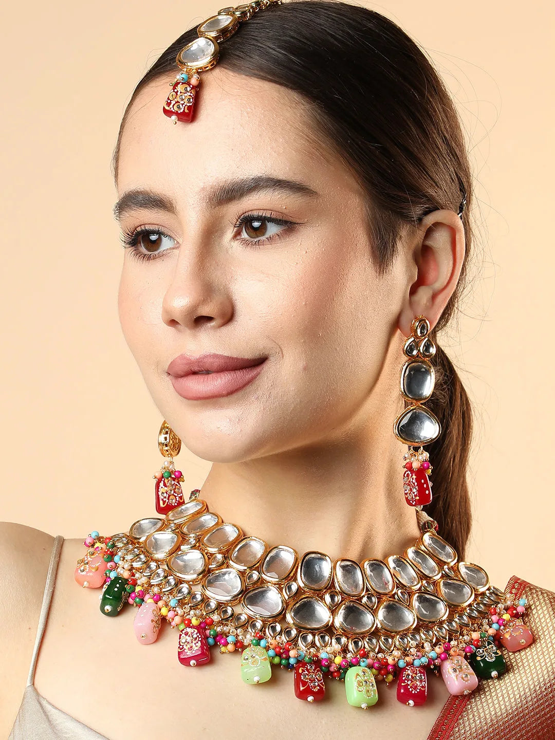 Gold Plated Designer Kundan Party Necklace, Earring and Maang Tikka Set