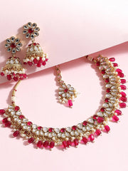 Gold Plated Designer Stone Party Necklace, Earring and Maang Tikka Set