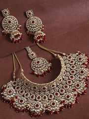 Gold Plated Designer Stone Party Necklace, Earring and Maang Tikka Set