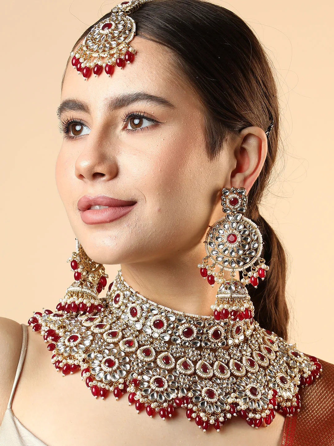 Gold Plated Designer Stone Party Necklace, Earring and Maang Tikka Set