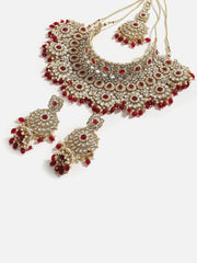 Gold Plated Designer Stone Party Necklace, Earring and Maang Tikka Set