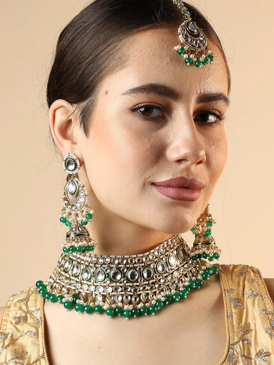 Gold Plated Designer Stone Party Necklace, Earring and Maang Tikka Set