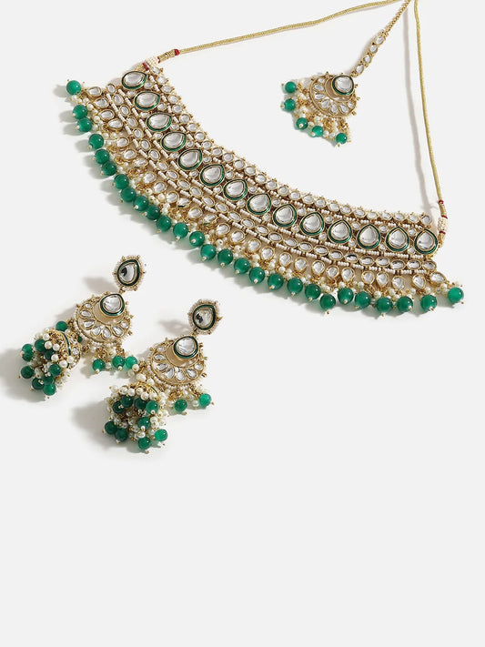 Gold Plated Designer Stone Party Necklace, Earring and Maang Tikka Set