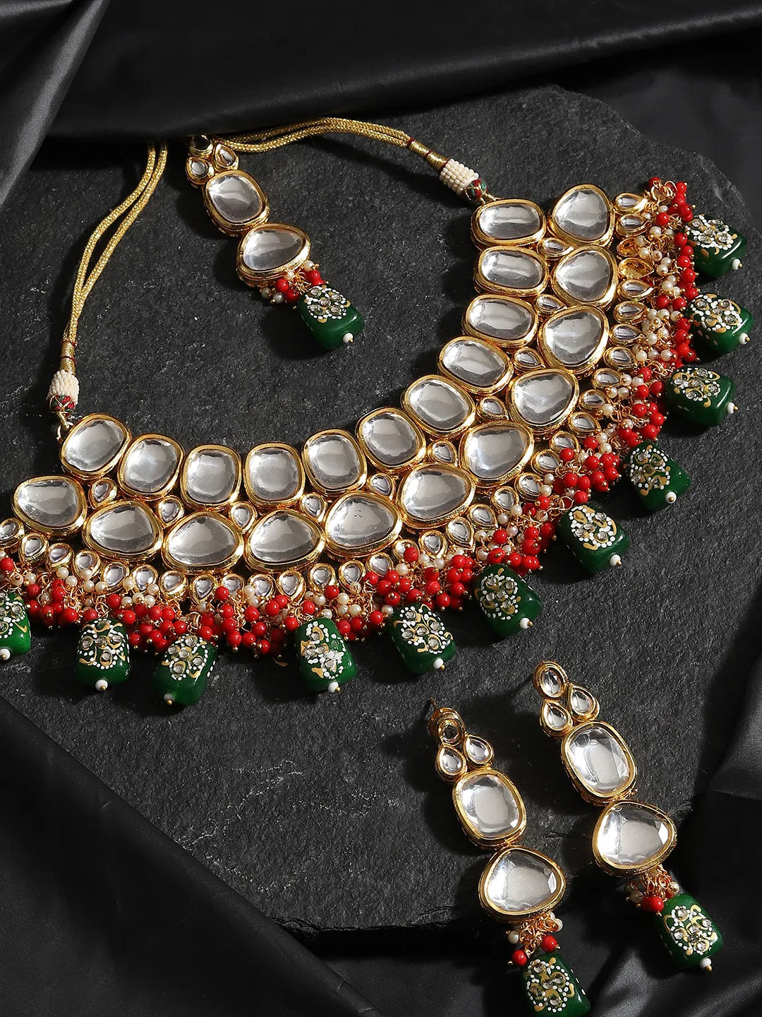 Gold Plated Designer Kundan Party Necklace, Earring and Maang Tikka Set