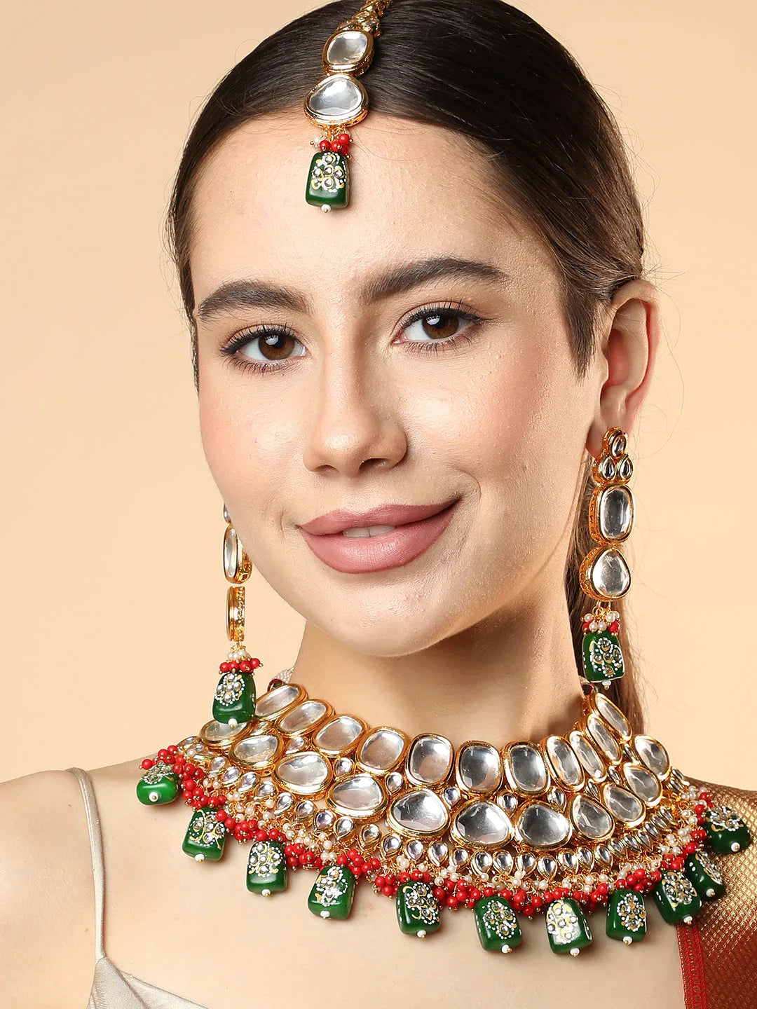 Gold Plated Designer Kundan Party Necklace, Earring and Maang Tikka Set