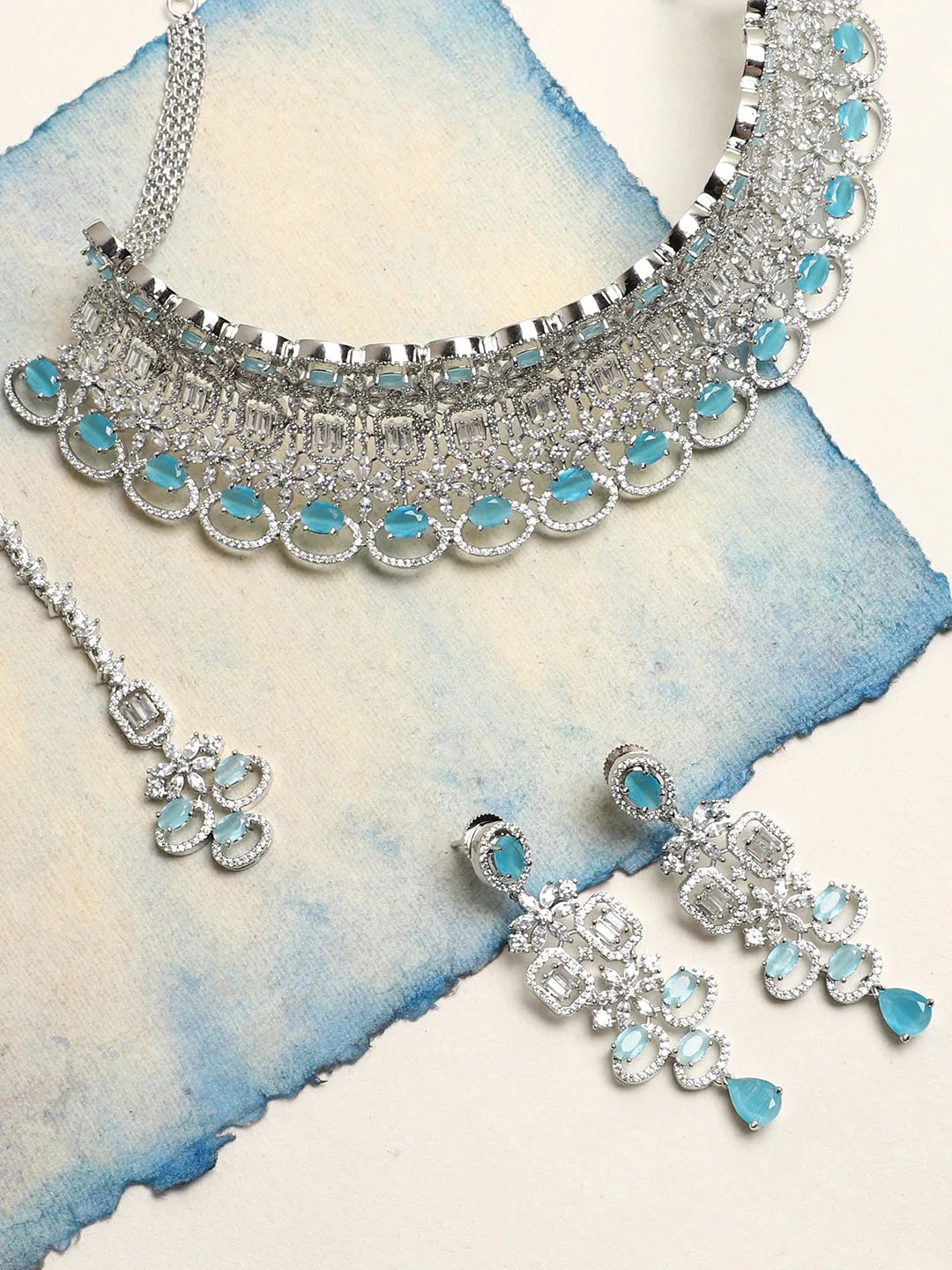 Silver Plated American Diamond and Designer Stone Party Necklace, Earring and Maang Tikka Set