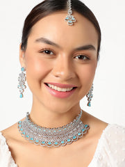 Silver Plated American Diamond and Designer Stone Party Necklace, Earring and Maang Tikka Set