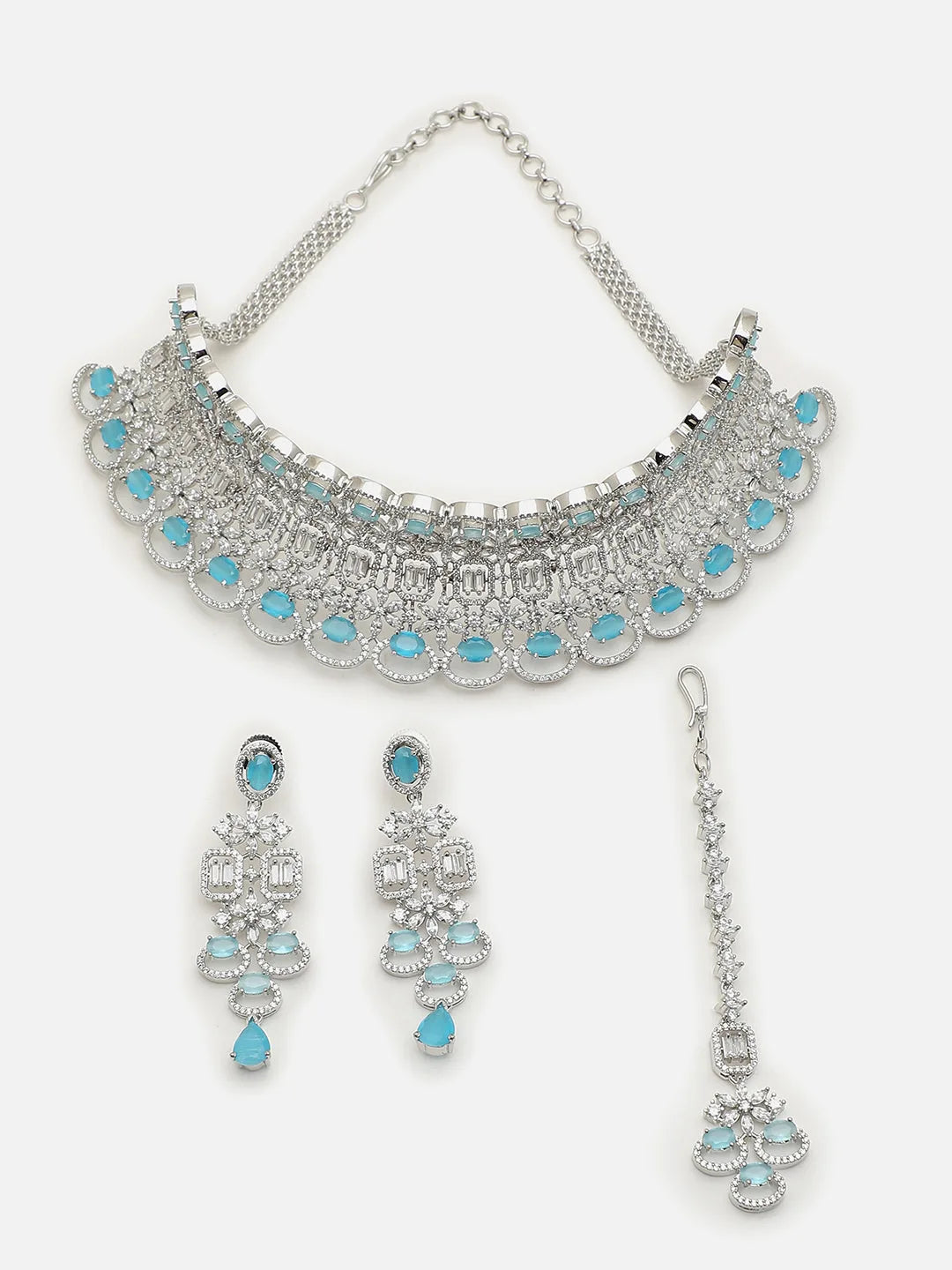 Silver Plated American Diamond and Designer Stone Party Necklace, Earring and Maang Tikka Set