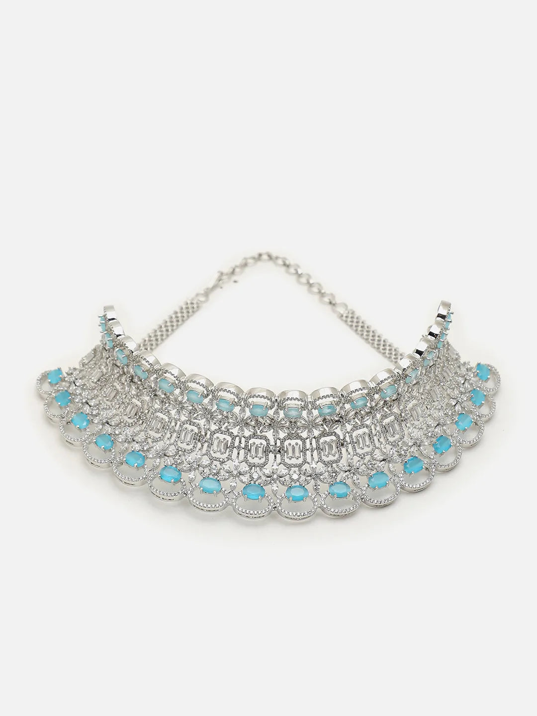 Silver Plated American Diamond and Designer Stone Party Necklace, Earring and Maang Tikka Set