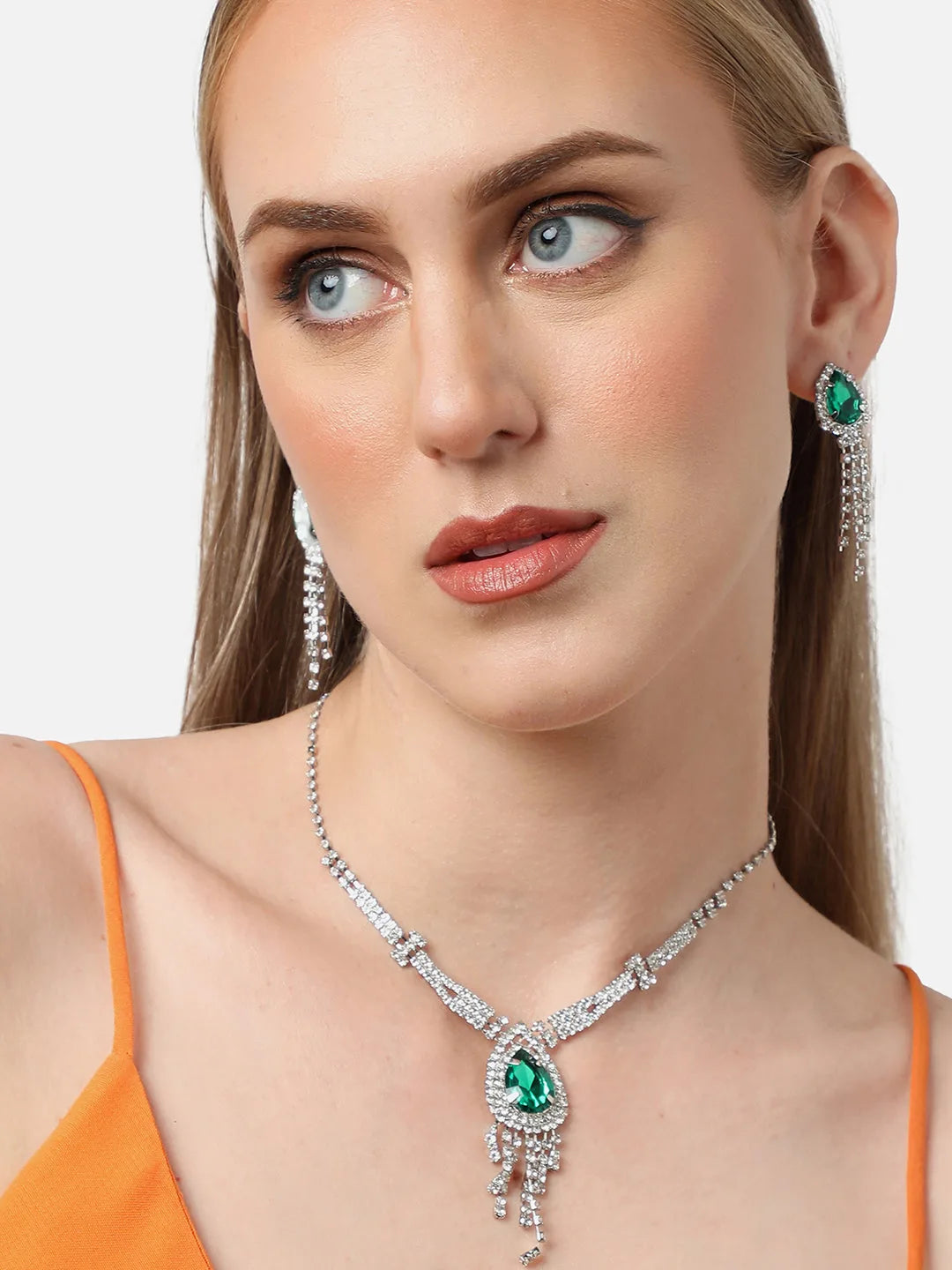 Silver Plated Party Designer Stone Necklace and Earring Set