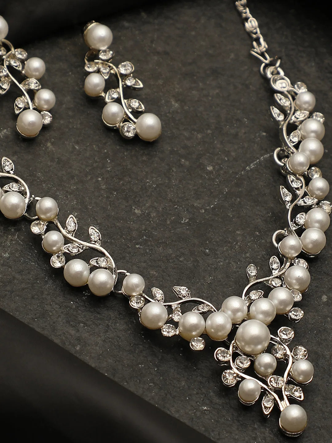 Silver Plated Pearls Necklace and Earring Set