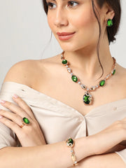 Gold Plated Designer Stone Necklace, Earring, Ring and Bracelet Set