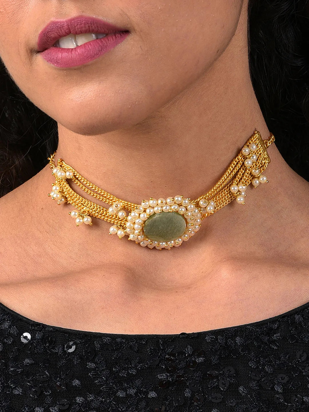 Gold Plated Designer Stone Pearl Necklace