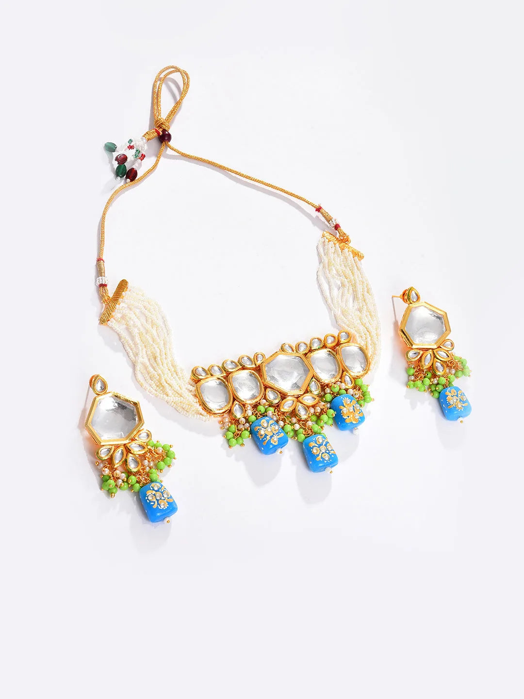 Gold Plated Kundan Beaded Necklace and Earring Set