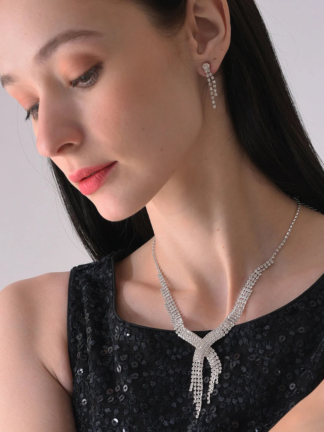 Silver Plated Designer Stone Necklace and Earring Set