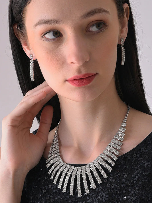 Silver Plated Designer Stone Necklace and Earring Set