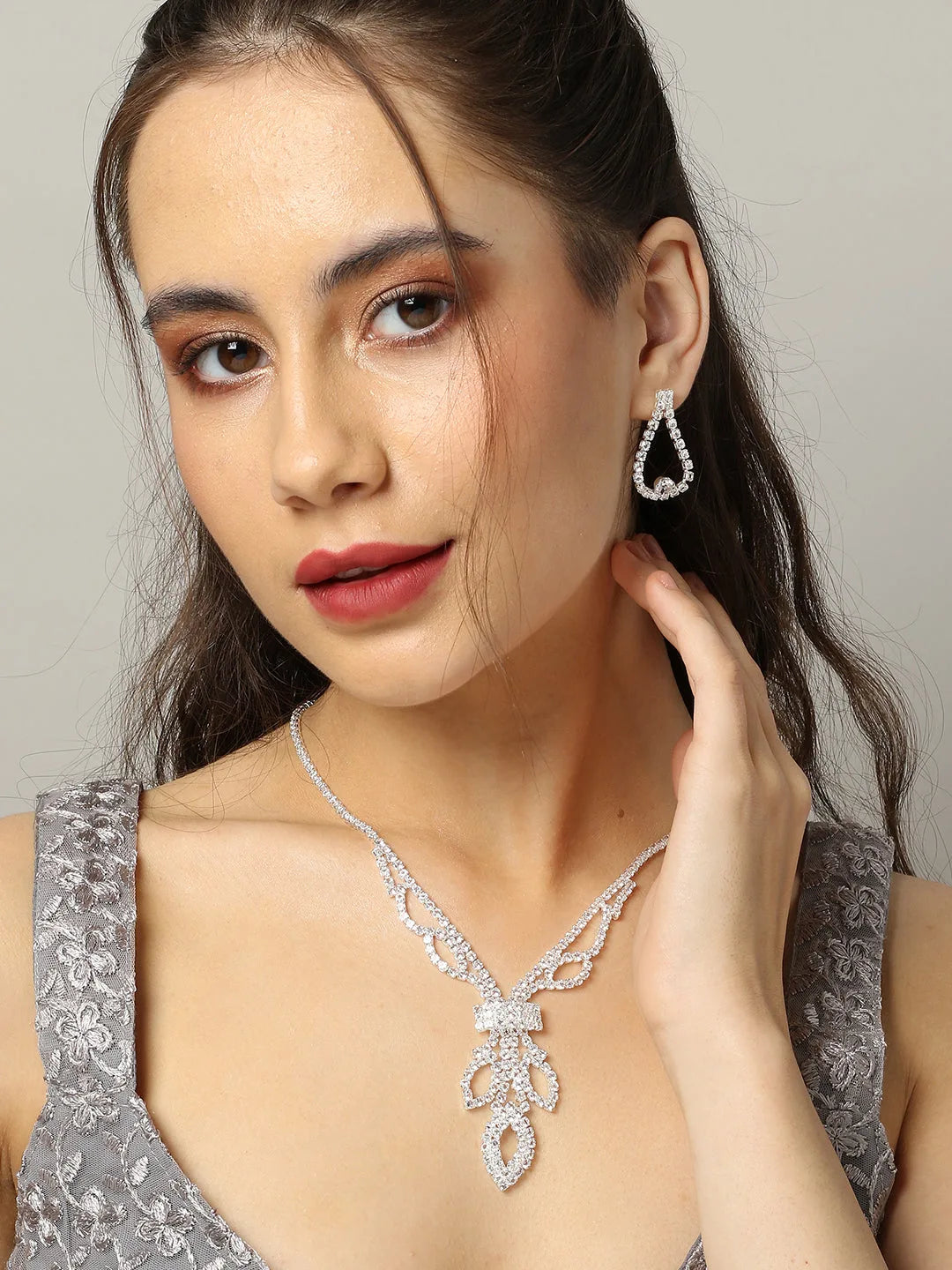 Silver Plated Designer Stone Necklace and Earring Set