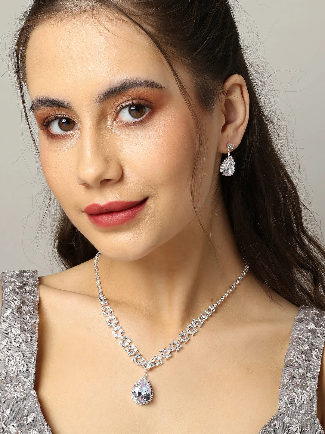 Silver Plated Designer Stone Necklace and Earring Set