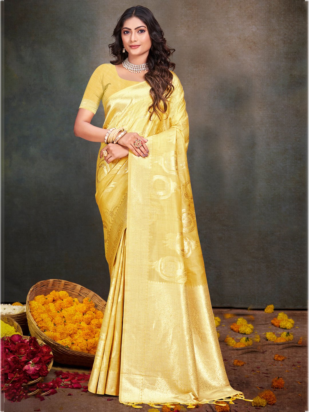 Lemon Yellow Silk Woven Work Traditional Saree