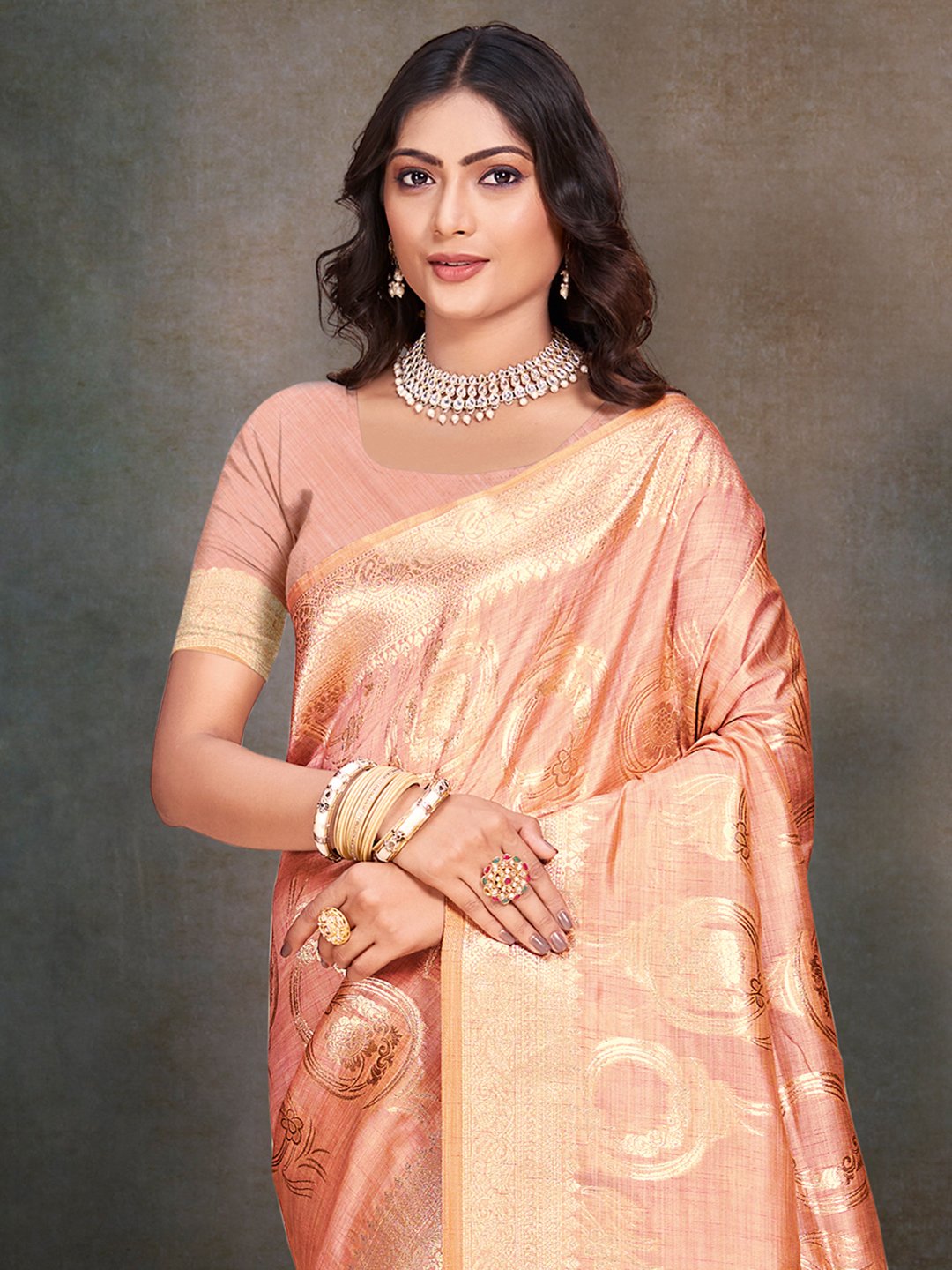 Peach Silk Woven Work Traditional Saree