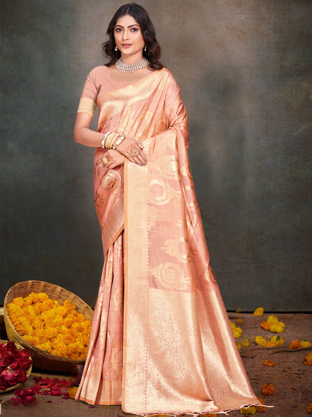 Peach Silk Woven Work Traditional Saree