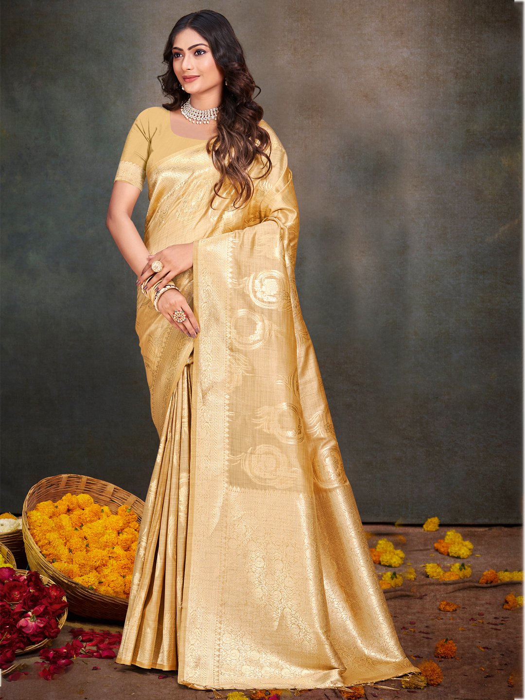 Beige Silk Woven Work Traditional Saree