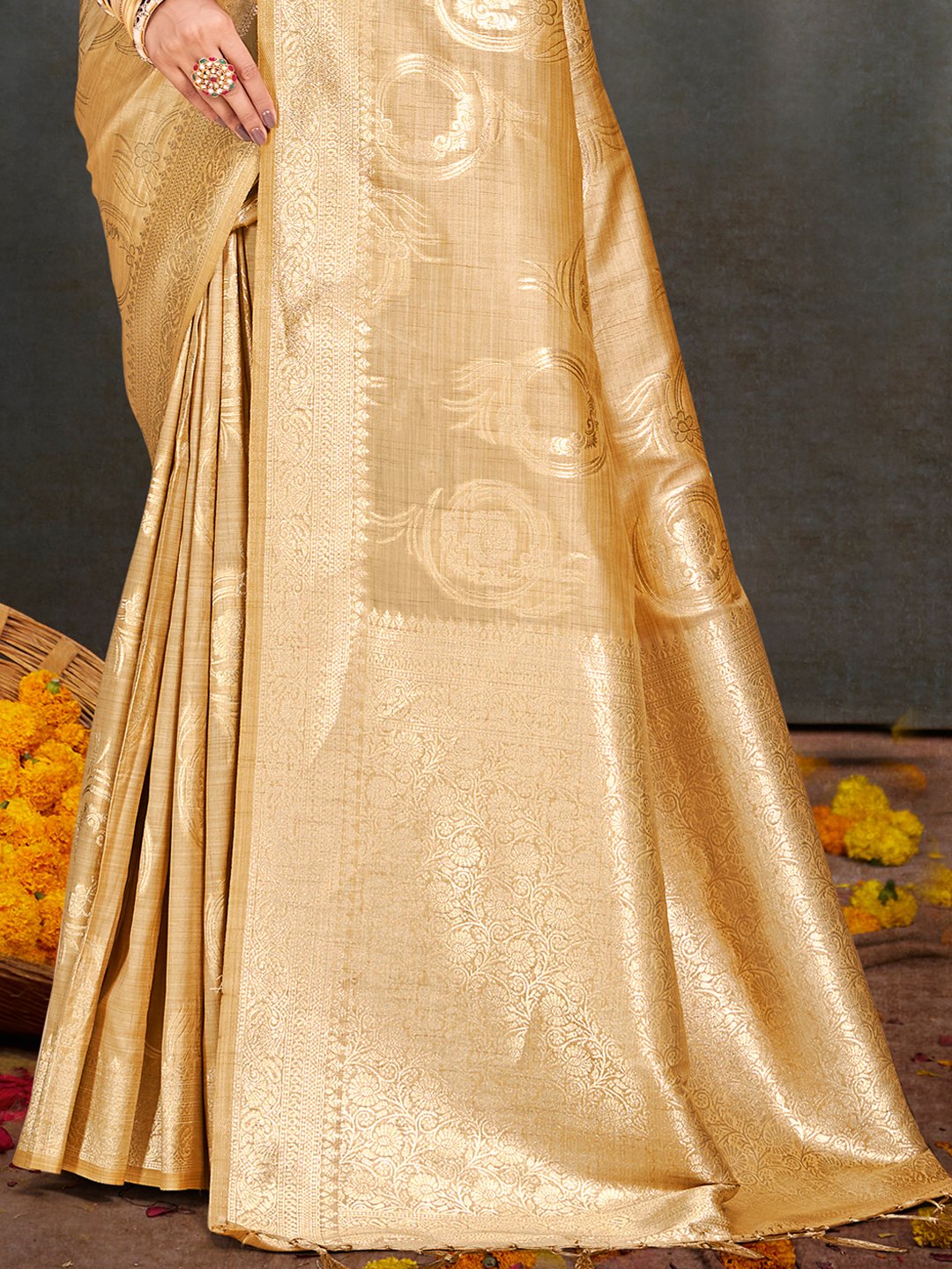 Beige Silk Woven Work Traditional Saree