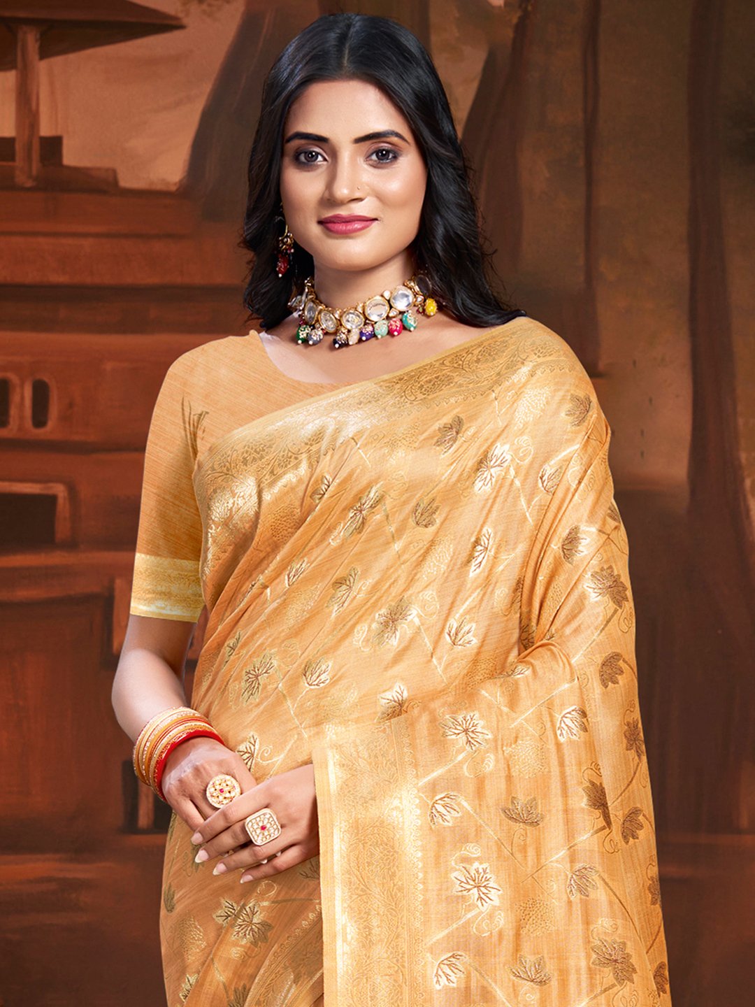 Peach Silk Woven Work Traditional Saree