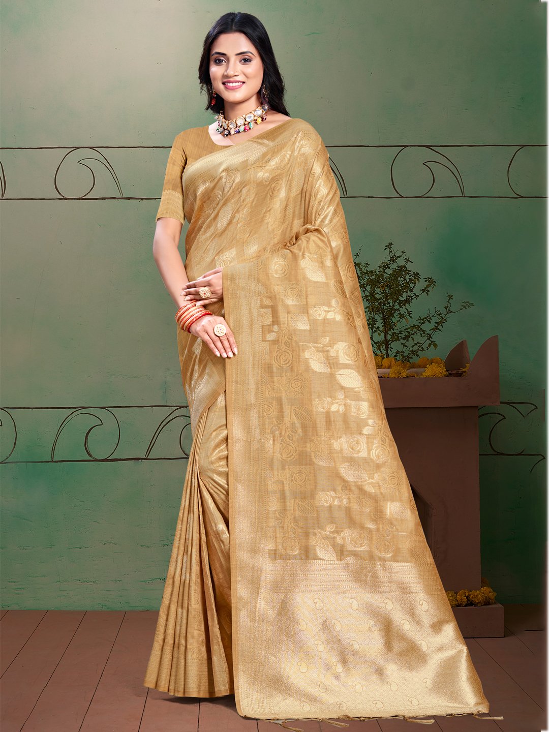 Beige Silk Woven Work Traditional Saree