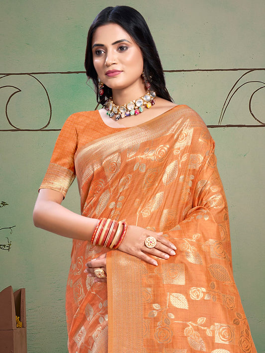 Orange Silk Woven Work Traditional Saree