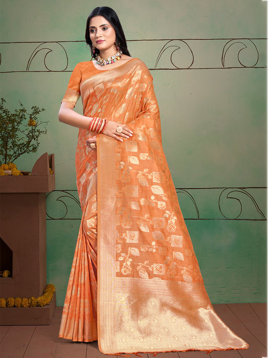 Orange Silk Woven Work Traditional Saree