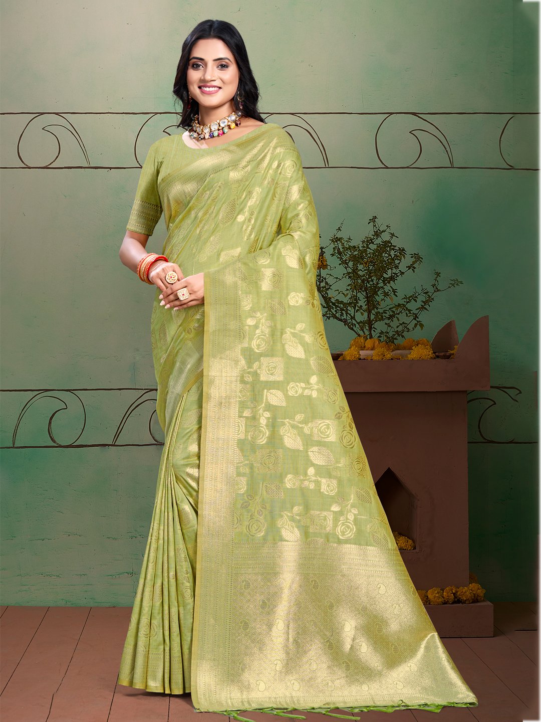 Light Green Silk Woven Work Traditional Saree