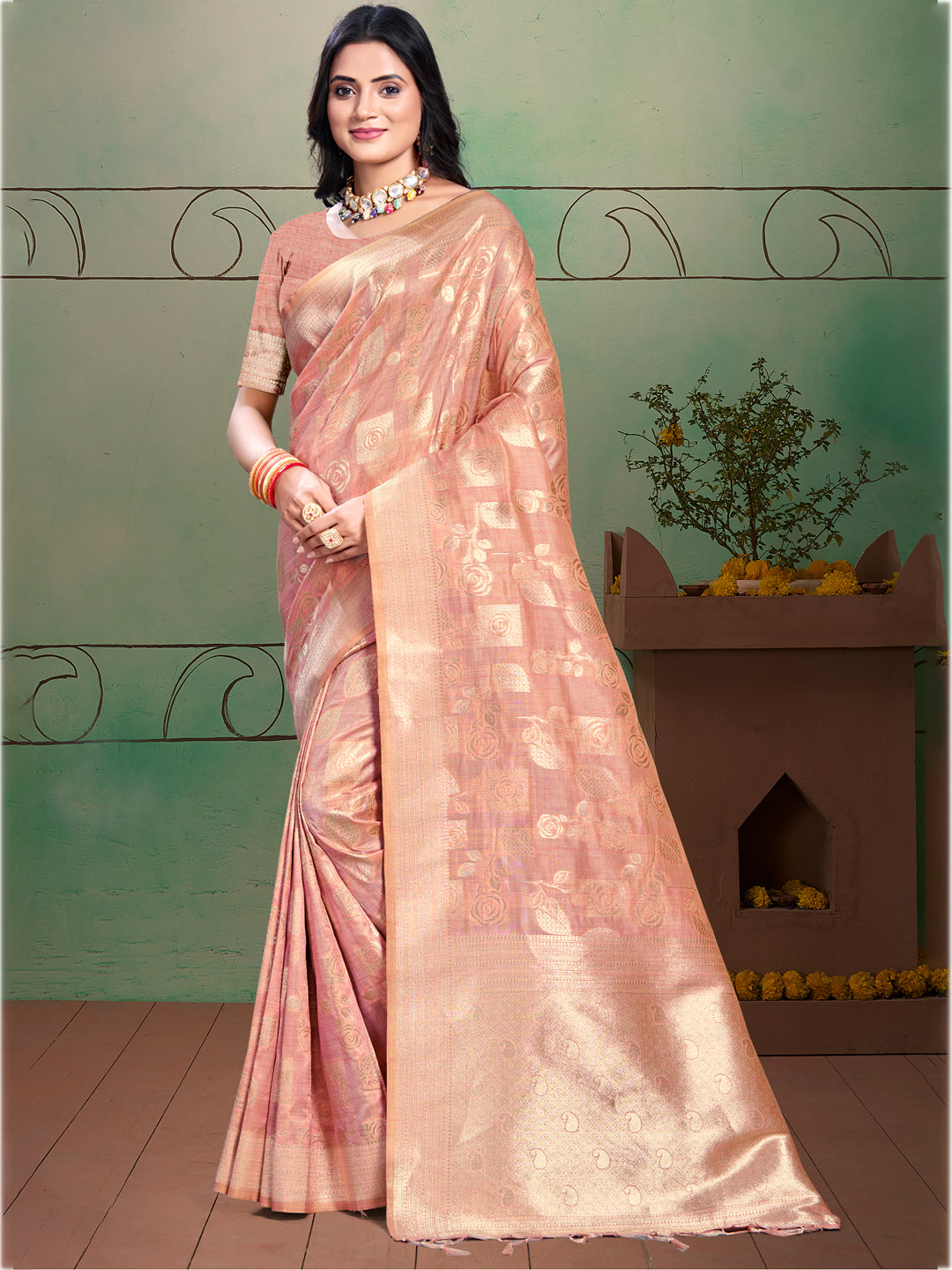 Light Pink Silk Woven Work Traditional Saree